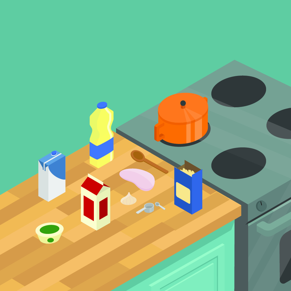 Illustration of a kitchen countertop and stove with ingredients on and serving ware layed out.