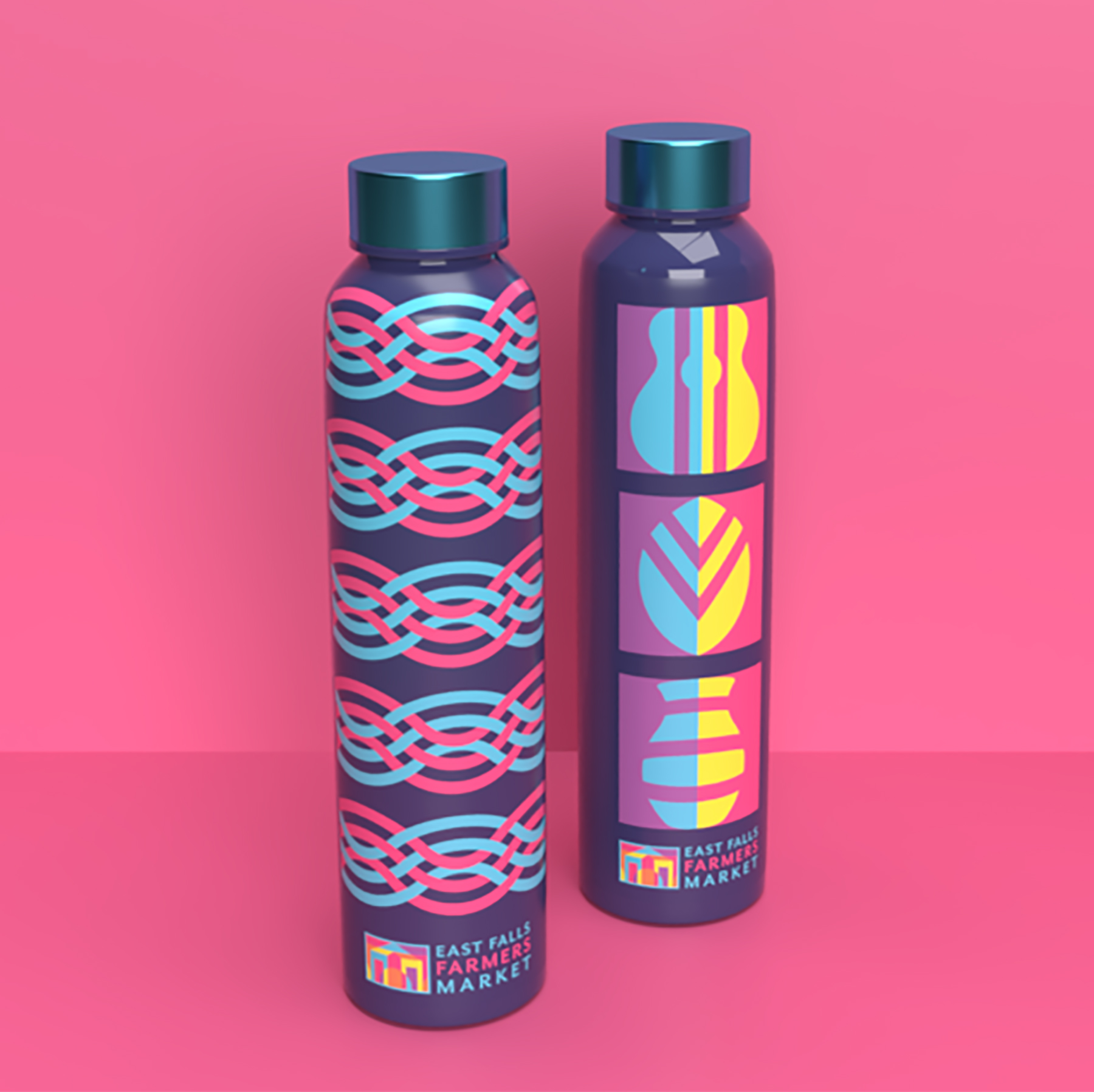 Two reusable bottles, one with a blue and pink wave pattern and the other with three icons of a guitar, leaf, and vase.