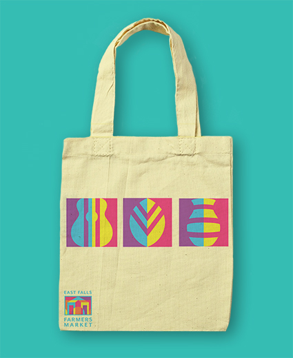 Totebag with 3 icons of a guitar, leaf, and vase