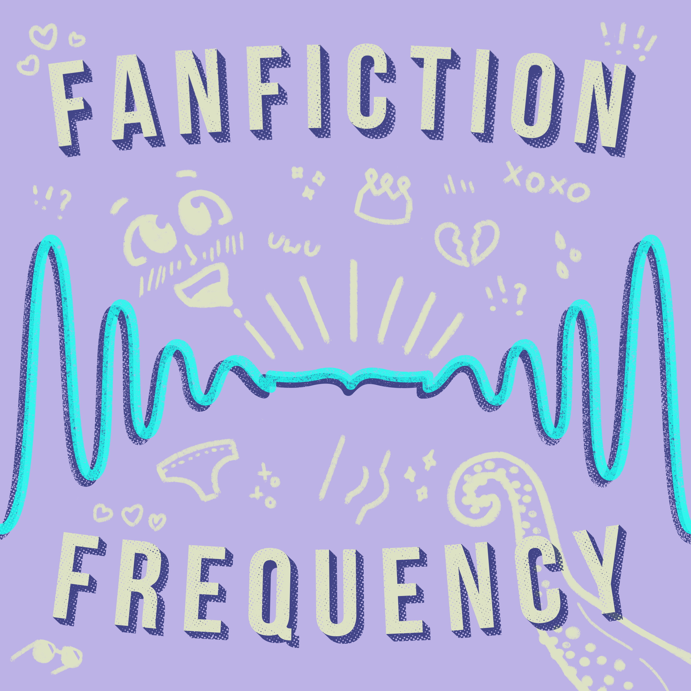 Illustration for a podcast cover about reading saucy fanfiction called Fanfiction Frequency. Meant to look like an open book inside a sound wave.