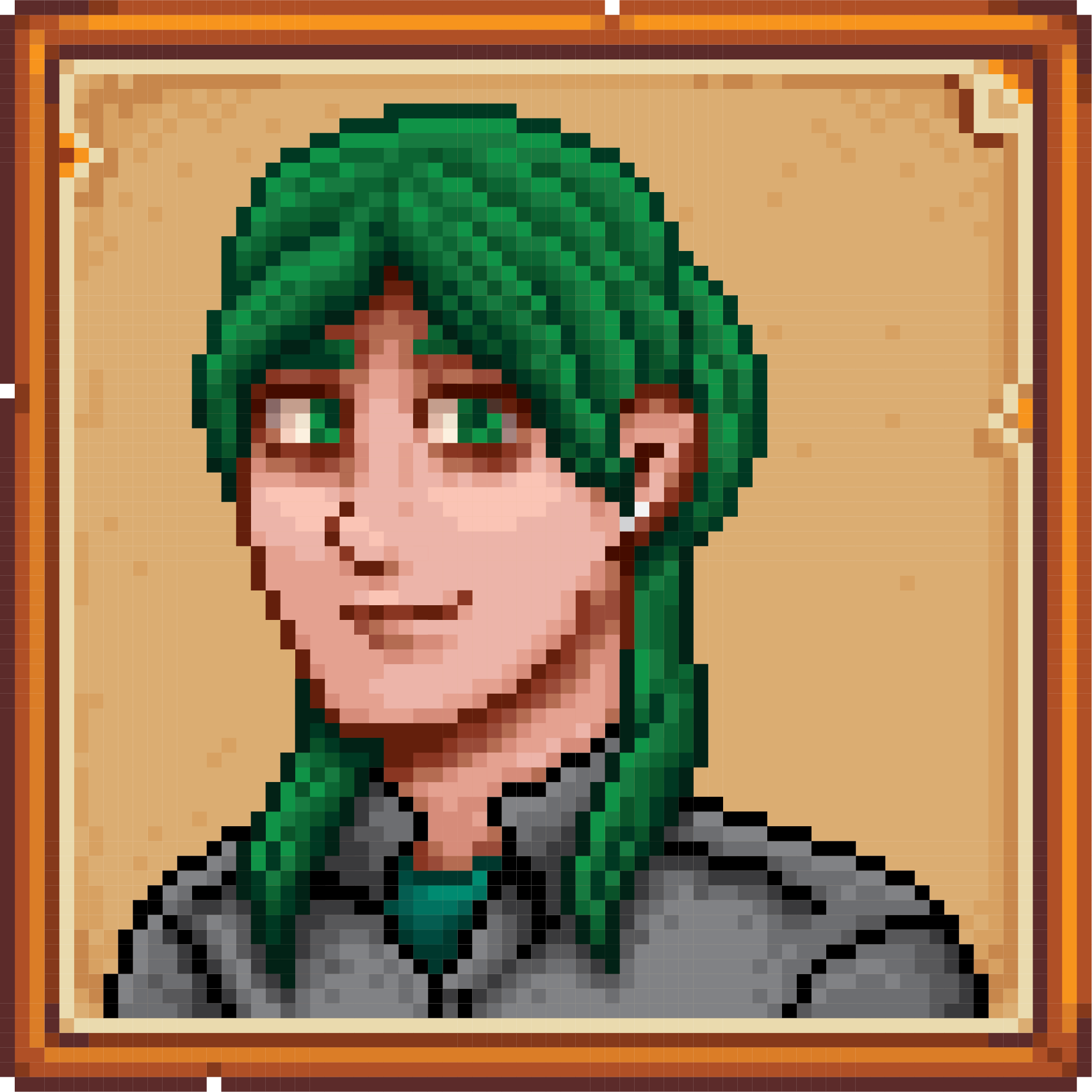 Custom portrait of my Stardew Valley character! Style follows that of Concerned Ape who created the game. Style is pixelized, he has green hair, green eyes, and a gray shirt.