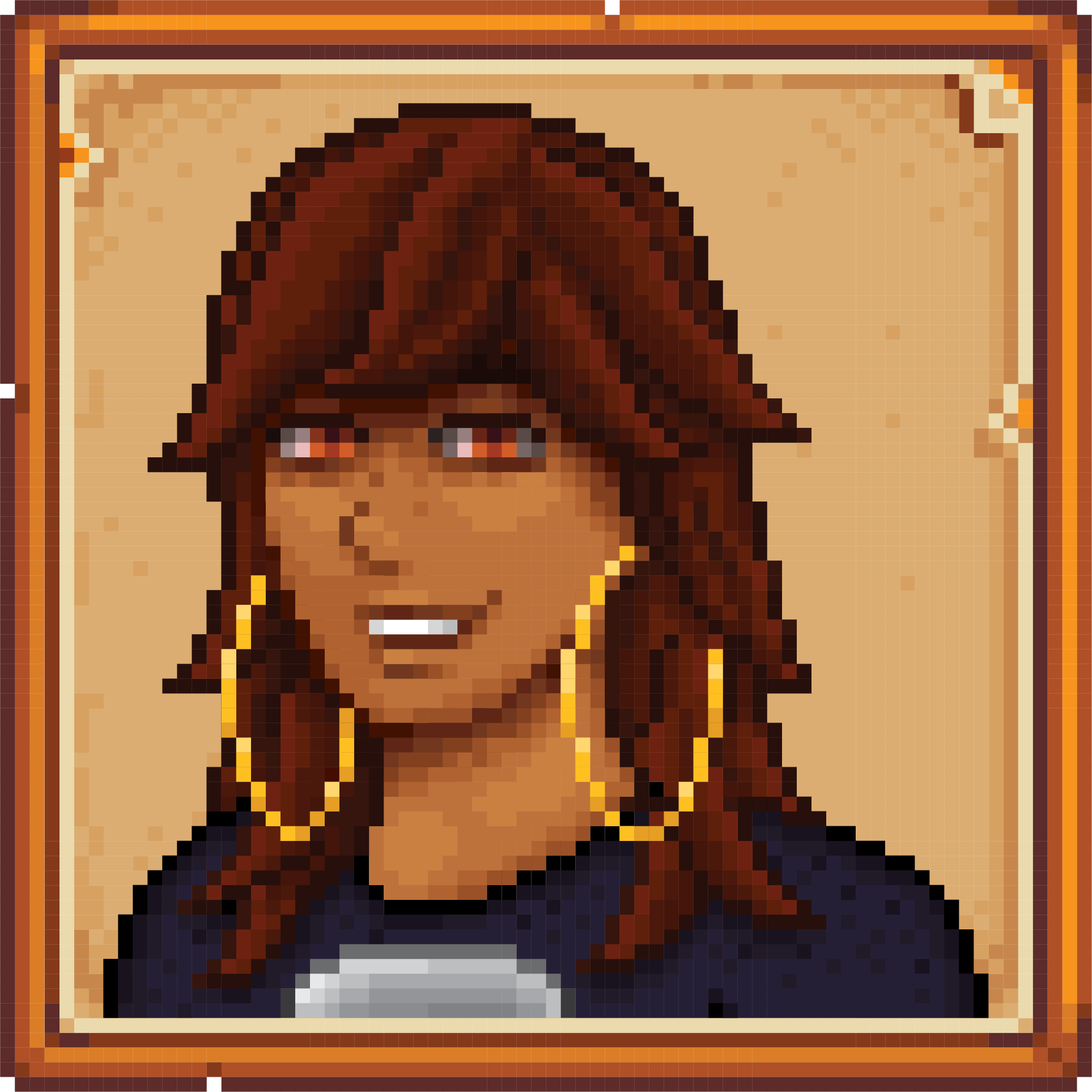 Custom portrait of my friend's Stardew Valley Character! Style follows that of Concerned Ape who created the game. Style is pixelated, he has brown hair, orange eyes, a gray shirt and giant hoop earrings.