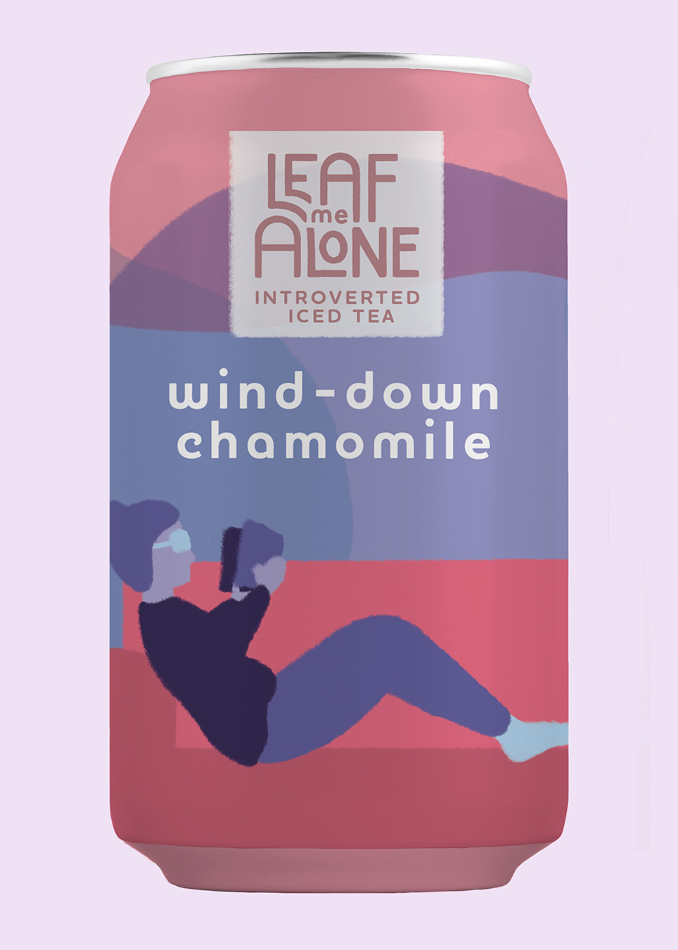 Mockup of an ice tea can from brand 'Leaf Me Alone'. The flavor is wind-down chamomile and the can is illustrated with a figure reading a book.