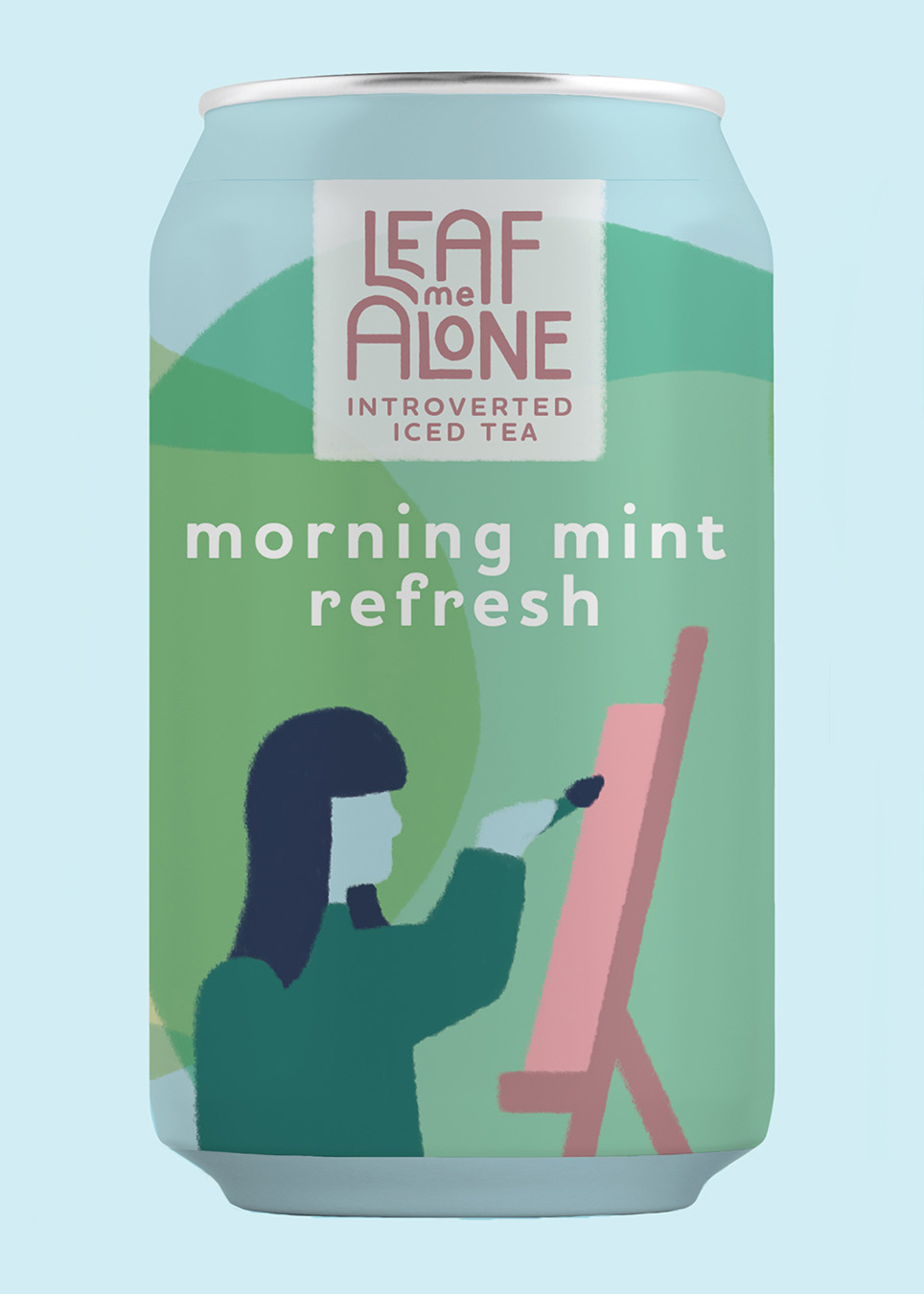 Mockup of an ice tea can from brand 'Leaf Me Alone'. The flavor is morning mint refresh and the can is illustrated with a figure painting on an easle.