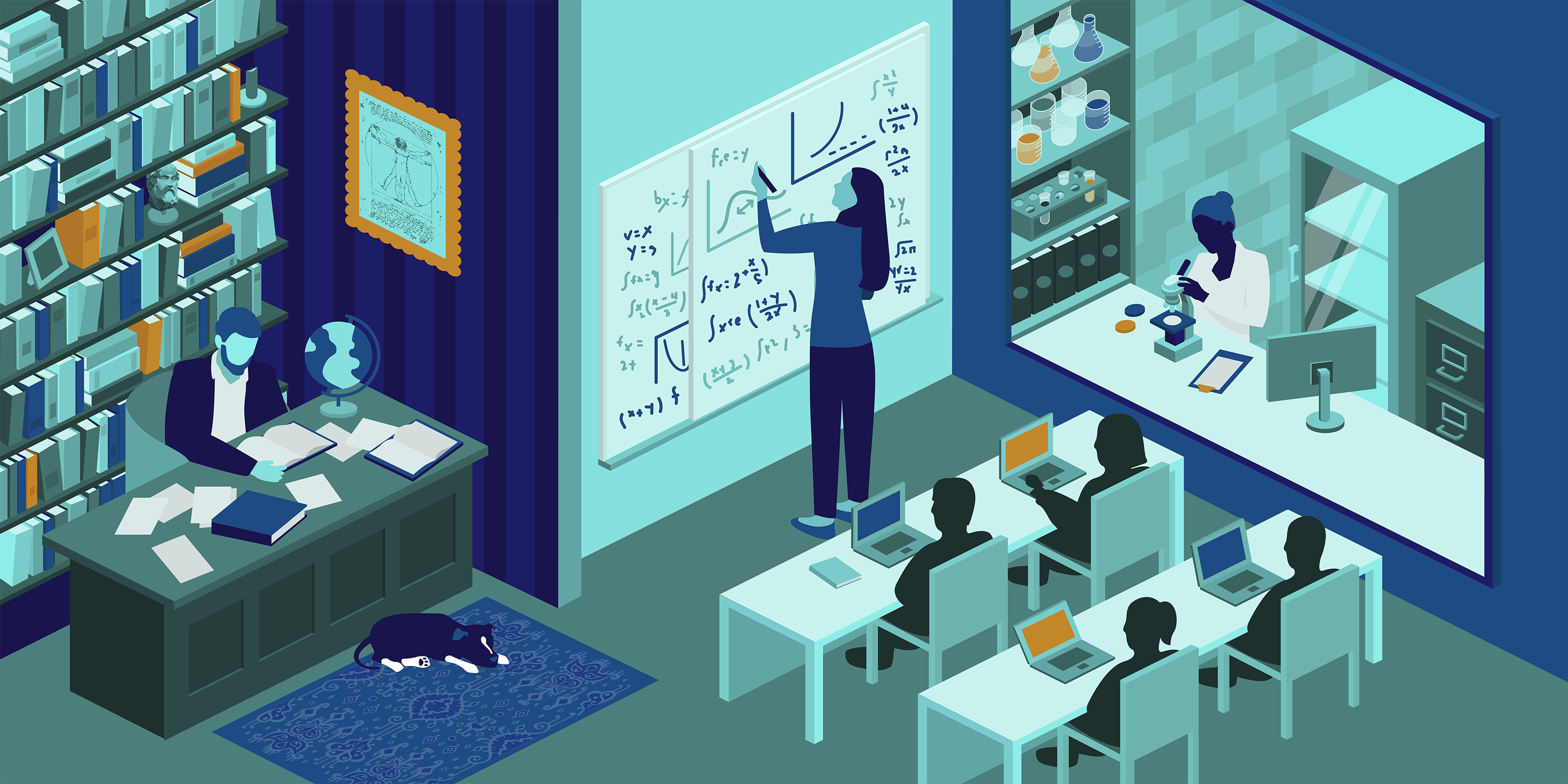 Illustration of three figures. One working at a desk with a large bookshelf in the background, one writing on a whiteboard in front of a classroom, and one doing experiments in a lab.